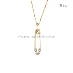 Real SI Clarity G-H Color Diamond Solid 14K Yellow Gold Safety Pin Chain Pendant Necklace Factory Manufacturer & Supplier