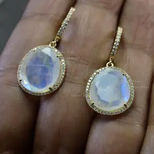 14k Solid Gold Natural Rainbow Blue Moonstone Diamonds SI Quality G- H Color Dangle Wholesale Earrings Manufacturer