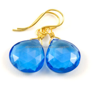 925 argent sterling bleu topaze Quartz pierres précieuses boucles d'oreilles vermeil plaqué or bijoux faits à la main - Product Image 1