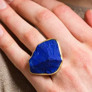 Кольцо ручной работы из грубого камня Lapis Lazuli, оптовая продажа, повседневная одежда, синяя бижутерия, модные кольца из латуни с драгоценными камнями, 925 коллекция серебряных