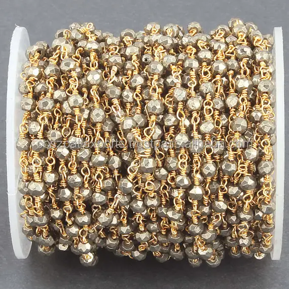 Naturel Pyrite 3-3.5mm Chapelet Style Perlé Chaîne En Vrac Perles En Gros fil enroulé 24 k Or Plaqué Chaîne