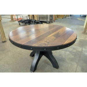 Table à manger ronde en kraft-noyer avec base en métal lourd/Table à manger ronde vintage industrielle - Product Image 1