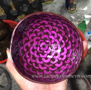 Pink Flowers Design Inlay Inside Coconut Shell Bowls, Bamboo Bowls from Vietnam - Product Image 1