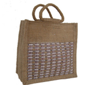 LowellCraft Jute Tote <b>Bag</b> with Lattice Design Open Closure Bohemian Style Made in Delhi for Shopping - Product Image 3