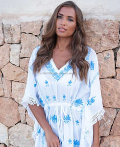 OEM vrac exclusif doux 100% coton naturel fait à la main brodé frange confortable vêtements de plage couvrir caftan robe tunique - Product Image 3