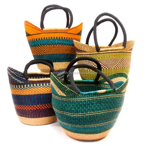 Handmade Decorative Woven Straw Water Hyacinth Seagrass Bolga Wicker Baskets Storage with Handle Handicrafts Wholesale Products