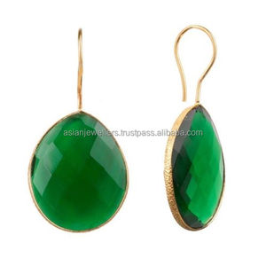 Pendientes de plata de ley 925, Gema de pera, ónix verde, oro, vermeil - Product Image 1