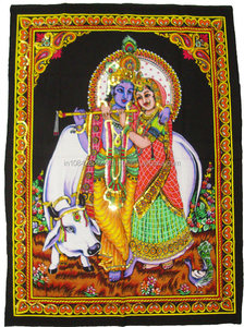 Indio Radha Krishana colgante de pared tapiz de lentejuelas de algodón multicolor impreso decoración del hogar - Product Image 5