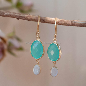Gold Plated Drop <b>Earrings</b> Checker Cut Chalcedony and <b>Moonstone</b> Gemstone for Parties or Gifts Made of Brass - Product Image 1