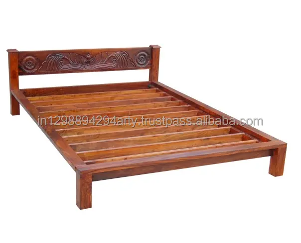 Muebles de dormitorio de madera maciza de estilo indio, cabecero estrecho tallado, cama doble