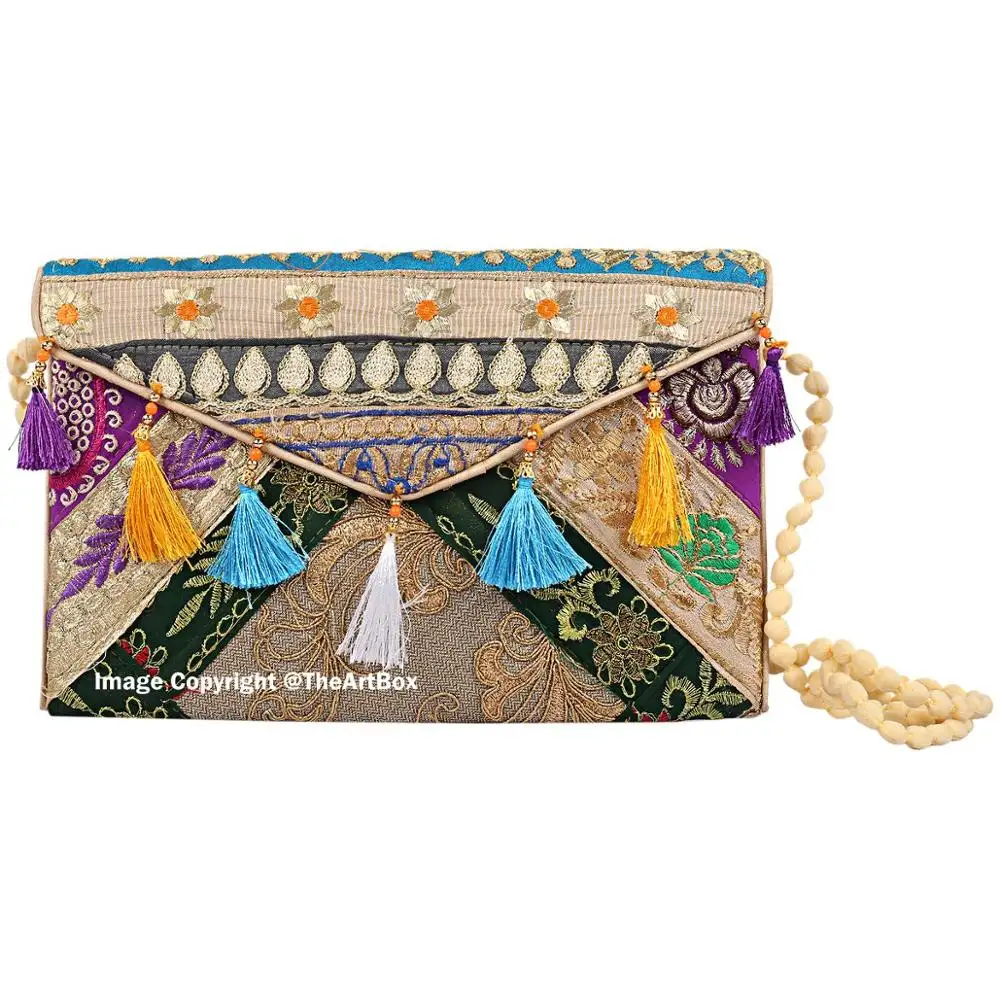 Indian Banjara Boho Hippie Hand Made Embroidered Multi Color 100% Cotton Sling Bag Clutch Bag