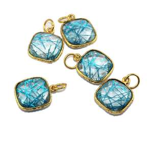 <b>Blue</b> Rutilated Quartz 24k <b>Gold</b> Plated Bezel 12mm <b>Cushion</b> Shape Charm Pendant Handmade Pendants Charms for Jewelry - Product Image 1