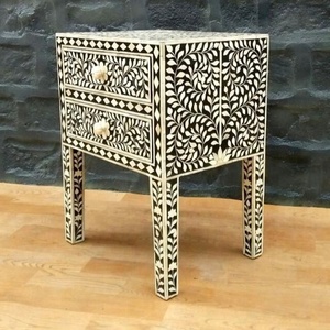 Table d'appoint à hauteur réglable en incrustation d'os au design moderne fait à la main avec 2 tiroirs et 3 étagères pour meubles de salon - Product Image 3