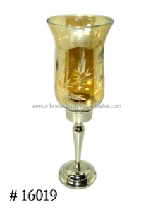 Antique Brass Metal <b>Hurricane</b> Candle Holder With <b>Glass</b> Embossed Design - Product Image 4