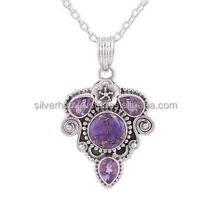 Colgante de plata de primera ley con gema turquesa para mujer, joya, plata esterlina 925, color morado, estilo bohemio - Product Image 1
