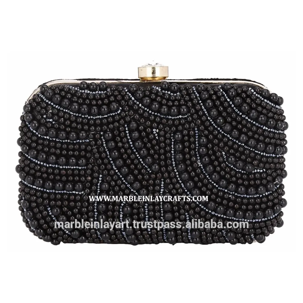 Zwart Natuurlijke Kralen En Borduurwerk Clutch Dames Portemonnee Voor Party Wedding