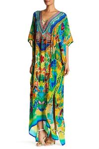 New Fashionable Women Clothing Printed Silk <b>Kaftan</b> V-neck Designs Ankle Length Embellished Sexy <b>Kaftan</b> - Product Image 2