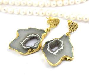 Pendiente de gota electrochapado en latón de 24K, colgante con colgante de piedra natural, color gris, para mujeres - Product Image 2