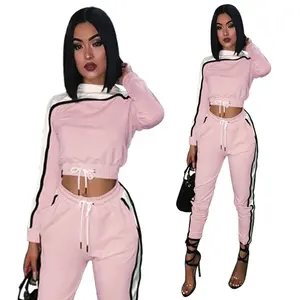 Pakaian Olahraga Wanita, Jogging Kustom Wanita Olahraga Hoodie Sweatshirt Atasan Celana Pink Bergaris 2Pcs Baju Keringat