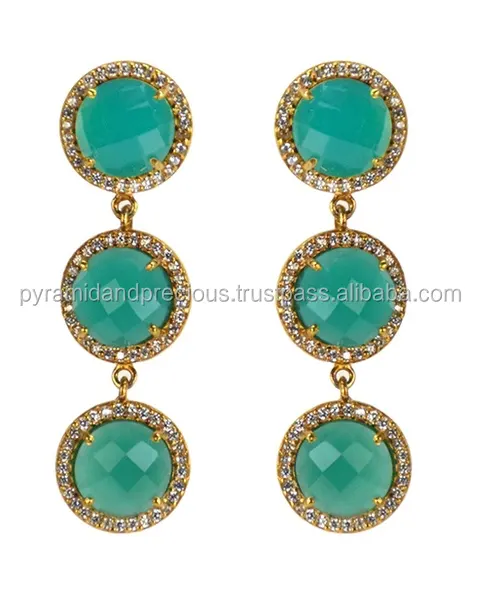 Beautiful Green Onyx 3 Stone Pave CZ Set Gemstone Drop Earrings - Gold Plated Over Sterling Silver Round Cut Gemstone Earring