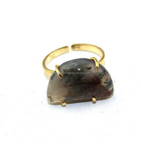 De moda de ágata de musgo natural anillo de piedras preciosas de cuatro puntas Configuración ajustable boho elegante anillo de - Product Image 1