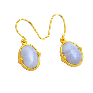 Pendientes colgantes de plata de ley 925 con piedras preciosas de ágata de encaje azul Estilo vintage Forma ovalada chapada en oro para fiestas de bodas - Product Image 2