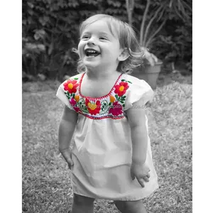 Awesome Childhood Mexican Folk Style Floral Embroidered Modern Toddler Dress Kids Summer Hot Days Cotton Tunic For Little Girls