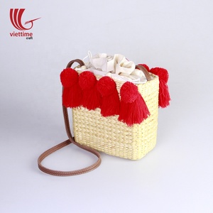 Bolsa de paja tejida para playa, bolso de jacinto de agua, bolso de mano de paja con pompón - Product Image 3