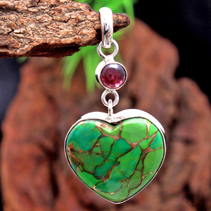 Colgante de Plata de Ley 925 con forma de corazón, joyería de piedras preciosas, granate, turquesa, cobre - Product Image 5