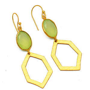 Ovale Prehnite Calcédoine Pierre Précieuse Lunette Réglage Plaqué Or 925 Argent Boucles D'oreilles Bijoux De Mode Boucle D'oreille En Gros Fabrication - Product Image 2