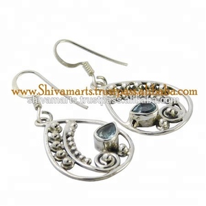 Joyería Vintage al por mayor 925 plata esterlina Topacio Azul pendiente de piedras preciosas para mujeres y niñas joyería - Product Image 2