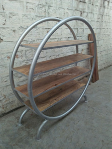 Modern <b>Industrial</b> Metal Round Storage Rack for Home Office Living Room Furniture with 3 Wooden <b>Shelves</b> - Product Image 2