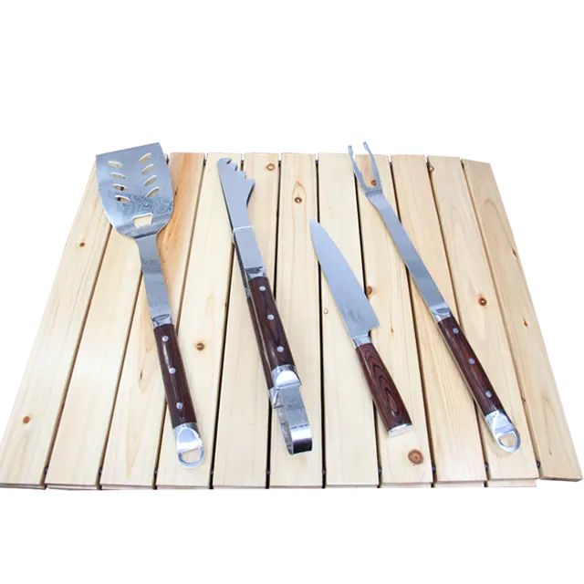 4 Stuk Bbq Grillen Tools Set - 8 Inch VG-10 67 Lagen Damascus Mes & Imitatie Damascus Roestvrij Staal Spatel tang Vork