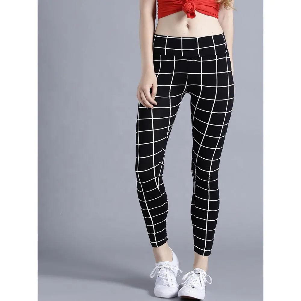 Fashion black and white check pattern print tight leggings for women