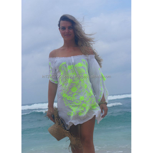 Robe de plage courte style Boho, tenue élégante et Sexy, tunique avec glands, épaules dénudées, couleur néon, style Boho, nouvelle collection Offre Spéciale - Product Image 1
