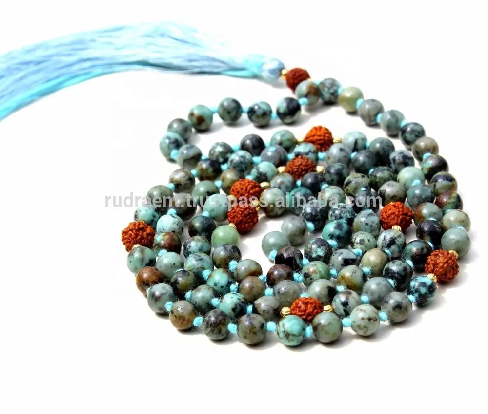 Compre pedra preciosa natural africano teal jasper amarrado mala contas colar 108 contas redondas africano turquesa yoga jóias