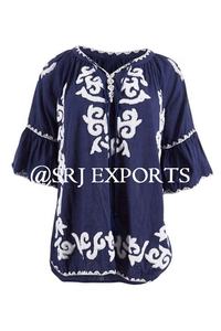 Chemisier en coton 100% naturel, de qualité supérieure, élégant, manches à cloche, ourlet incurvé, relaxation et évasé, en laine, été 3/4 - Product Image 2