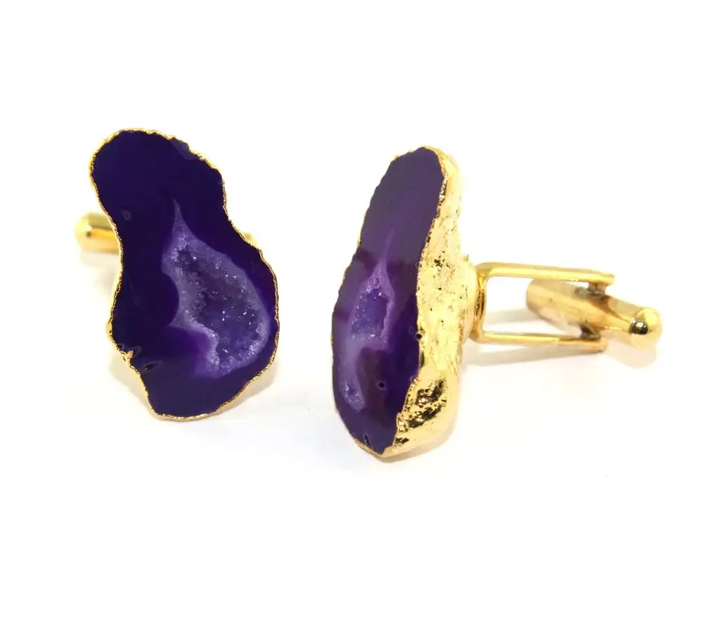 Luxury jewelry collection natural purple geode druzy gold plated cufflinks handmade gemstone cufflinks for groom unisex cufflink