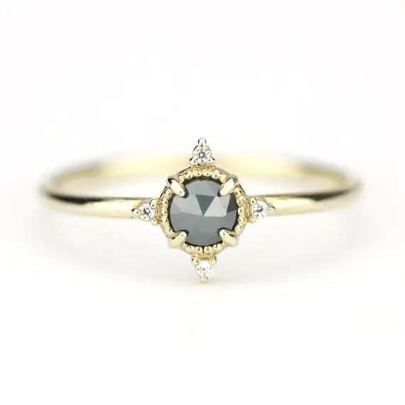 0.60 Carat Natural Rustic Black Diamond Proposal Ring 14K Yellow Gold   Salt and Pepper Diamond Engagement Ring