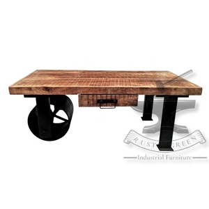 Mesa de centro industrial de madera maciza de hierro y madera con ruedas para muebles para el hogar - Product Image 4