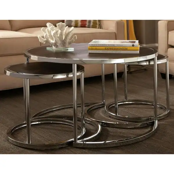 Merget conjunto de mesa de café metálica moderna, conjunto de 2 peças de tabela de café cromada moderna na na sala de estar, móveis, casa e ottoman
