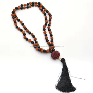 Black Onyx And Rudraksha 6-7mm Bead Mala With Tassel - 108 Bead Yoga Necklace