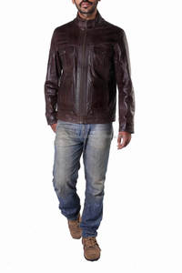 Chaqueta de cuero puro de campo marrón para hombre, elegante, con cuatro bolsillos delanteros, diseño a la moda - Product Image 6