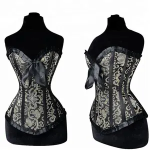 Cosh Corset overbust steelboned thổ cẩm Corset với phía trước trên và dưới diềm xếp nếp và cung cổ điển và steampunk Jacquard Corset