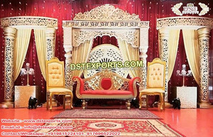 Decoración Dorada para Escenario de Nikah Musulmán, Escenario de Walima Musulmán con Panel Mehrab, Impresionantes Pilares Dorados, Escenario de Boda - Product Image 4