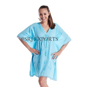 Comprar chicas ropa de moda hermosa bordado transpirable V cuello imperio cordón Pom Trim indio playa Kaftan del algodón - Product Image 2