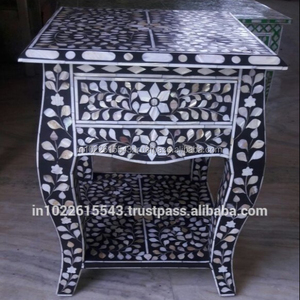 Mesa auxiliar negra de estilo industrial moderno con diseño de incrustaciones de hueso de cajón para el dormitorio del hogar o muebles de sala de estar - Product Image 1