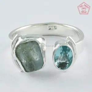Güzel Aqua Chalce & mavi Topaz taş ayarlanabilir yüzük 925 ayar gümüş yüzük, 925 ayar gümüş yüzük