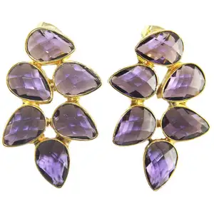 Wholesale collection zeva jewels purple amethyst quartz earring brass gold plated women's earring handmade statement earrings