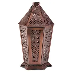 Byzantine copper antique etching laser cutting All Over Cutouts Aged Pillar Candle Lanterns 4X4X8 Inch lighting decoration